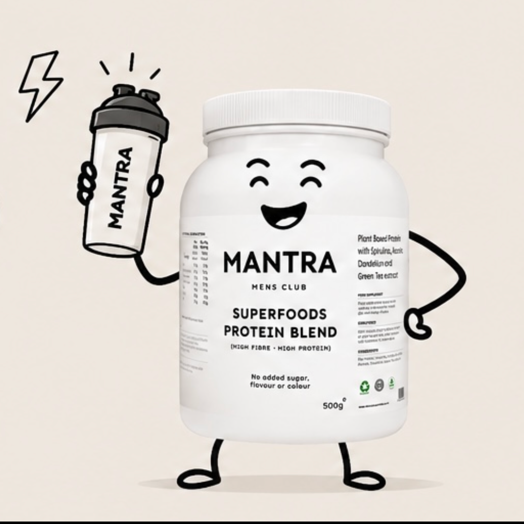 a product image of a MANTRA Whey Gold protein powder tub with a cartoon face and arms, holding a shaker bottle. The product photo is centered on a light beige background.