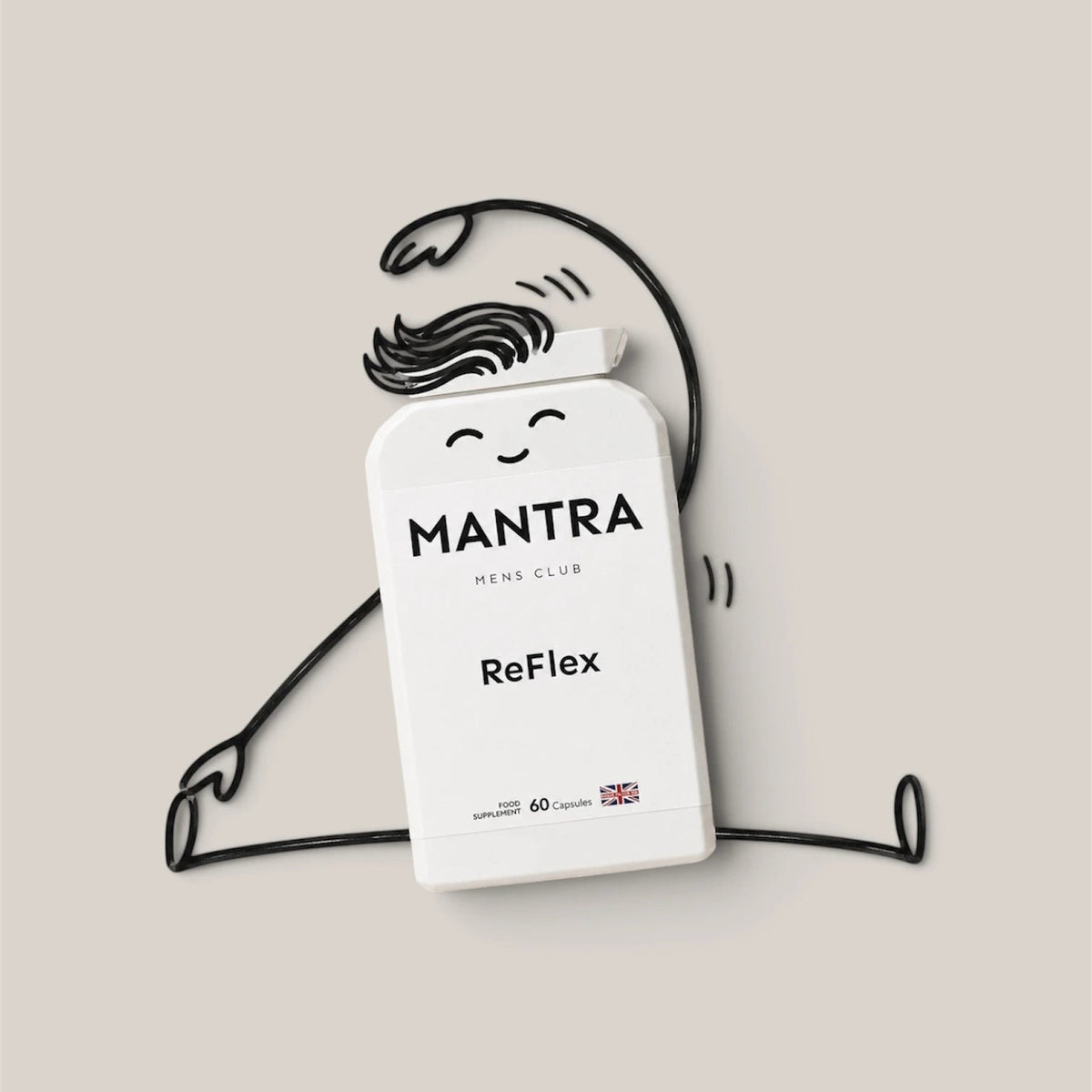 A white rectangular product box labeled MANTRA MEN'S CLUB Reflex, shown with a black line-drawn cartoon figure behind it on a light beige background.