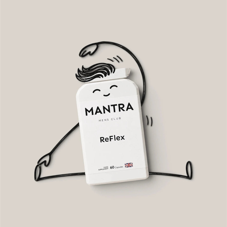 A white rectangular product box labeled MANTRA MEN'S CLUB Reflex, shown with a black line-drawn cartoon figure behind it on a light beige background.