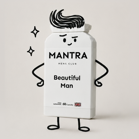 Mantra Men's Club product packaging with cartoon character on a light gray background