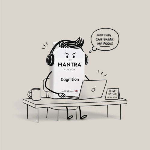 A minimalist black line art illustration on a warm beige background. It shows a person with headphones sitting at a desk using a laptop, with a speech bubble reading 'NOTHING CAN BREAK MY FOCUS' and the word 'MANTRA' printed on the laptop screen.